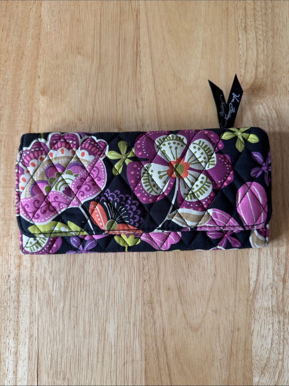 Vera Bradley Black Quilted Wallet with Purple Floral Print